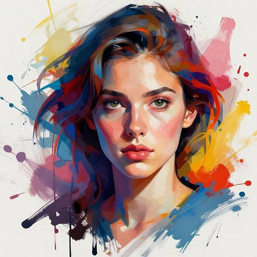 Digital painting of a young woman with green eyes, medium-length brown hair, and fair skin, surrounded by vibrant abstract splashes of blue, red,