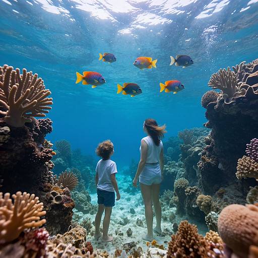 Photograph of a woman and child snorkeling underwater, surrounded by colorful fish and coral reefs, sunlight filtering from above.