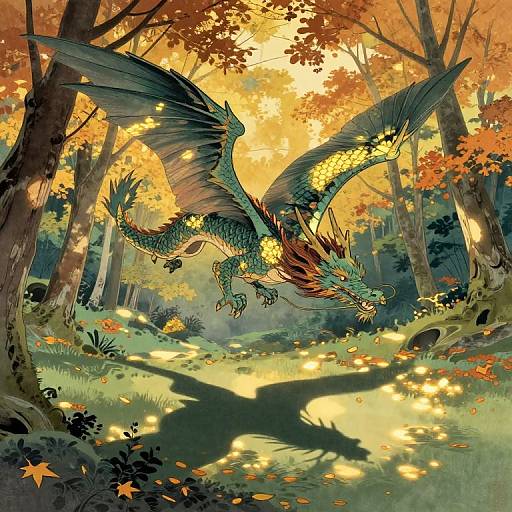 Digital fantasy artwork of a teal dragon with glowing yellow scales, red-tipped wings, and fiery mane soaring through a vibrant autumn forest, illuminated by magical
