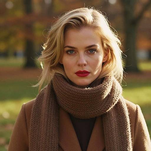 Photograph of a blonde woman with fair skin, red lipstick, and intense gaze, wearing a brown scarf and coat, in a sunlit autumn park
