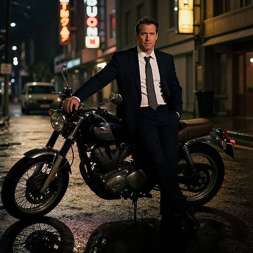 Photograph of a suave, dark-haired man in a black suit and tie, sitting on a motorcycle at night on a rain-soaked urban street