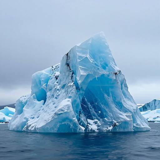 Photograph of a towering, jagged blue and white iceberg floating in dark blue ocean water under a cloudy, overcast sky.