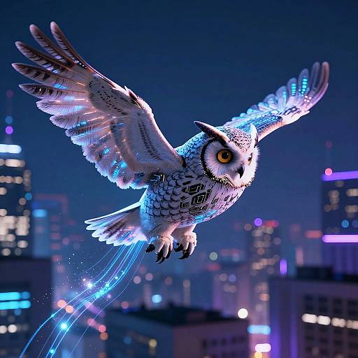 Cybernetic Owl Over Digital Cityscape