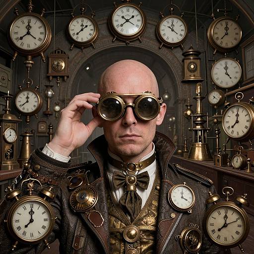 Steampunk bald man in ornate brown suit with pocket watches and glasses, surrounded by numerous clocks in dimly lit room.