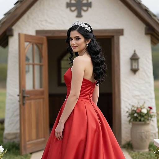 Photograph of a beautiful woman with long black hair, wearing a sparkling tiara, red strapless ball gown, standing in front of a white cottage