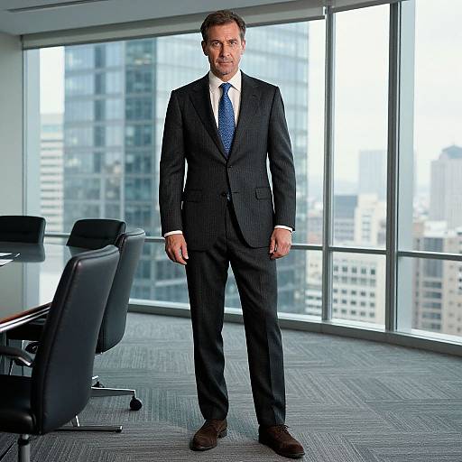 Photograph of a middle-aged man in a dark pinstripe suit, blue tie, and brown shoes, standing in a modern office with large windows
