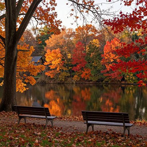 Photograph of two black wooden benches by a reflective lake, surrounded by vibrant autumn trees with red, orange, and yellow leaves.
