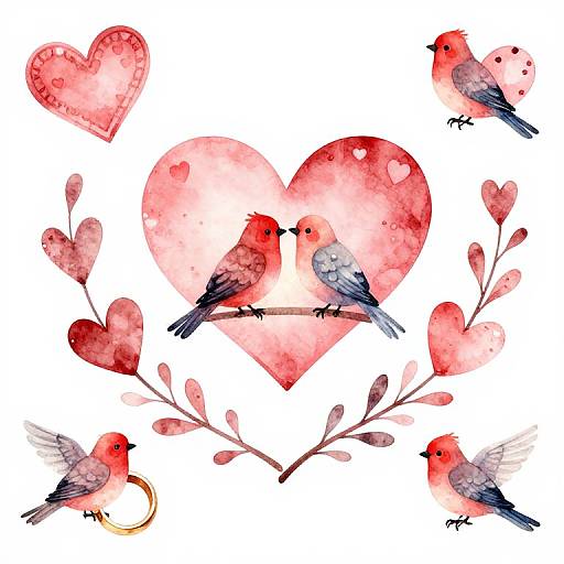 Romantic Watercolor Lovebirds and Hearts Clipart