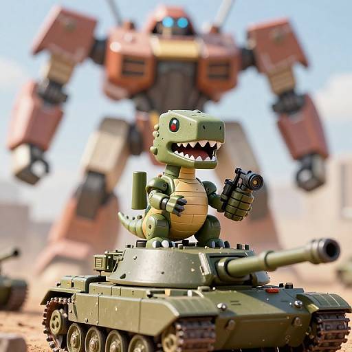 Cute Mech-Dinosaur on Tank Battlefield