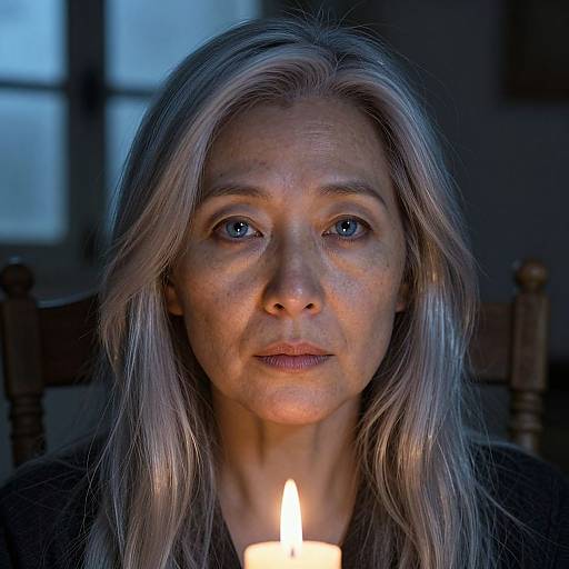 Close-up photograph of a middle-aged woman with silver-gray hair, blue eyes, and fair skin, illuminated by a candle flame, in a dimly