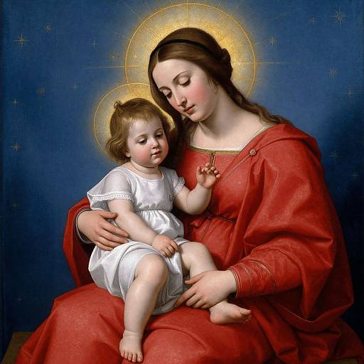 Digital painting of a serene Madonna holding a toddler Jesus, both with golden halos, against a dark blue starry background. Madonna wears a red robe