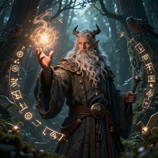 Digital fantasy artwork of a horned, white-bearded wizard in dark robes, casting a glowing spell in a mystical forest.