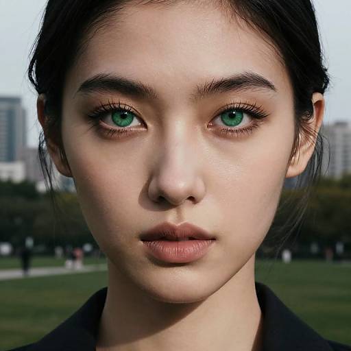 Close-up photograph of a young Asian woman with striking green eyes, fair skin, dark hair, and neutral expression, set against a blurred urban park background