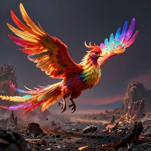 Vibrant, digitally-illustrated phoenix with fiery red, orange, yellow, and blue feathers soaring above a post-apocalyptic, rocky landscape with