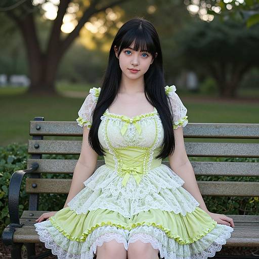 Photograph of a young woman with long black hair, wearing a yellow and white lace dress, sitting on a wooden bench in a park. Blurred