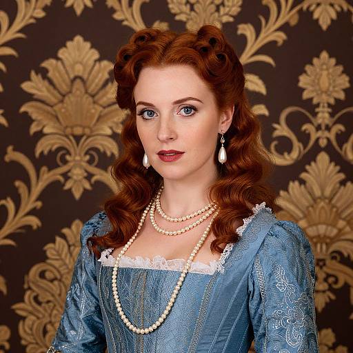 Photograph of a fair-skinned woman with red curly hair, blue eyes, wearing a blue lace dress, pearl necklace, and teardrop earrings
