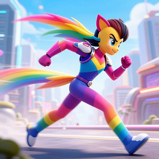 Vibrant CGI of anthropomorphic cat superhero in rainbow-striped suit, blue boots, and pink gloves, running through a sunlit, futuristic city.