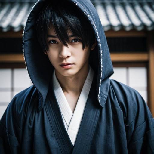 Young Man in Traditional Japanese Kimono with Hood