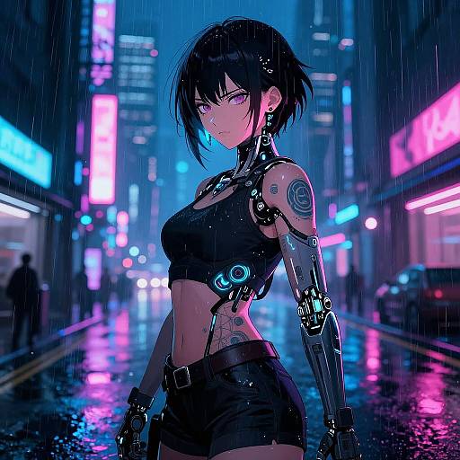 Cyberpunk anime girl with black hair, purple eyes, glowing cybernetic arm, and tattoo, stands in neon-lit, rainy city street