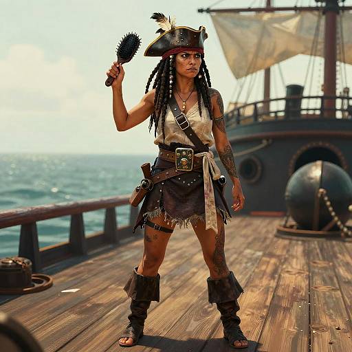 Photorealistic digital artwork of a fierce, dark-skinned, dreadlocked woman in pirate attire on a wooden ship deck, holding a brush, with