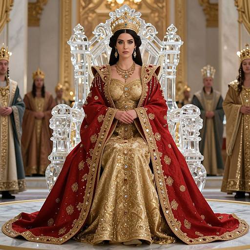 Photograph of a regal woman with dark hair, wearing a gold dress and red, gold-embroidered robe, seated on an ornate