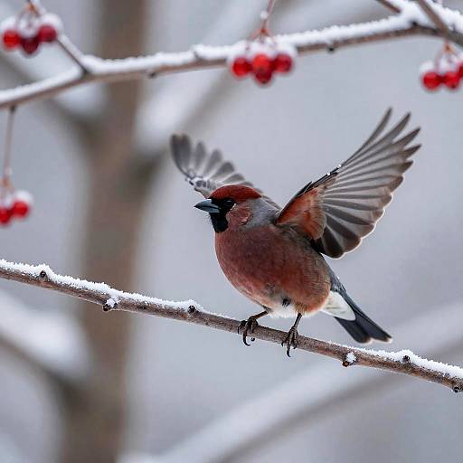 Velvet Maroon Bird in Snowy Maple