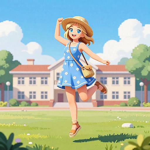 Joyful Girl in Blue Sundress Jumping Outdoors