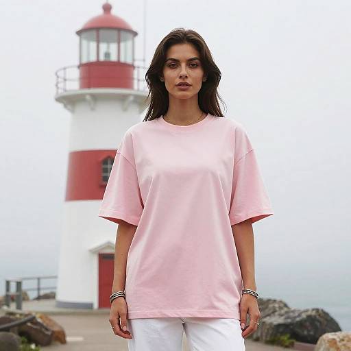 Woman in Pink T-Shirt by Lighthouse