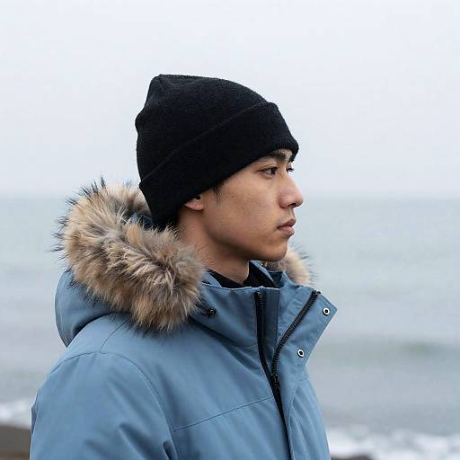 Young Man in Profile Against Foggy Seascape