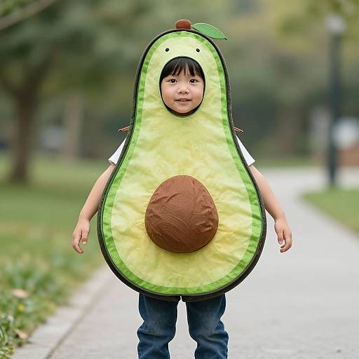 Photograph of an Asian toddler in a green and yellow avocado costume with a brown pit, standing on a park path.
