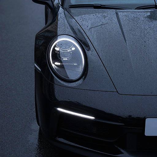 Close-up photograph of a sleek, black sports car's headlight, glowing white, with wet, reflective surface and dark, moody background.