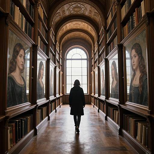Photograph of a solitary figure in black coat walking down a dimly lit, ornate library aisle with large portrait paintings on both sides, leading to