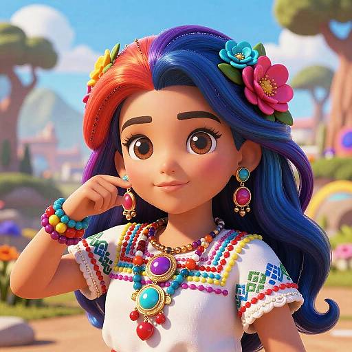 Digital art of a cute, brown-eyed girl with vibrant blue and red hair, wearing colorful floral earrings, necklace, and bracelet, in a sunny,