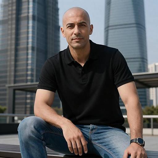 Bald Middle-Aged Man on Urban Bench