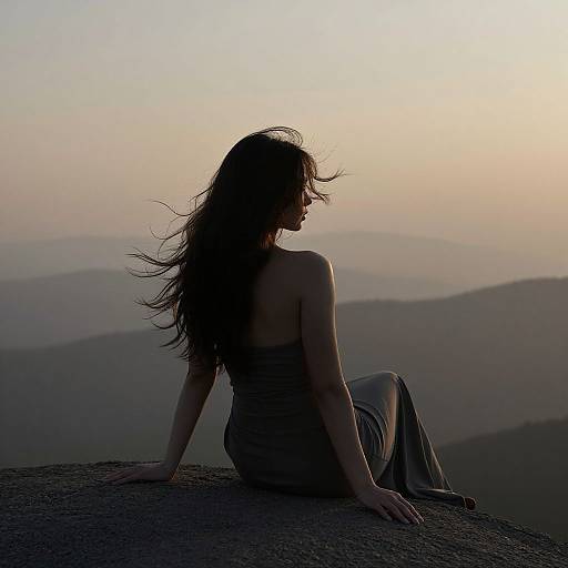 Silhouetted woman with long, flowing hair sits on rocky mountain edge at sunset, wearing a strapless dress, overlooking misty, layered hills