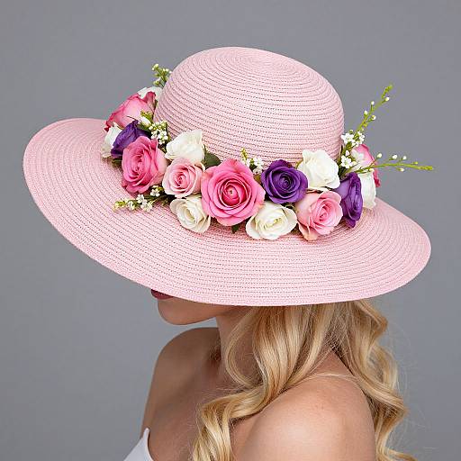 Photograph of a blonde woman in a wide-brimmed, pink straw hat adorned with pink, white, and purple roses and greenery, against