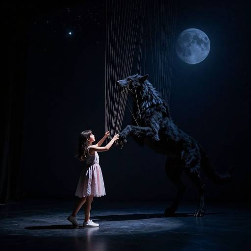 Photograph of a young girl in a white dress, standing on stage, holding strings attached to a standing werewolf, under a moonlit night sky