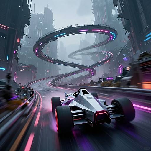 Cyberpunk cityscape: neon-lit futuristic street with a sleek white race car speeding past a spiraling, glowing maglev train. Dynamic,