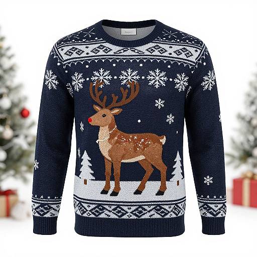 Photograph of a dark blue Christmas sweater with white snowflake and reindeer patterns, featuring a large reindeer graphic on the chest. Blurred holiday