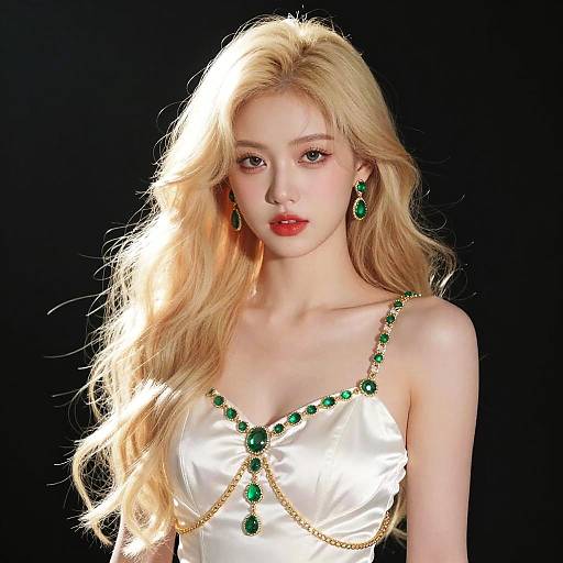 Digital portrait of a young blonde woman with long, wavy hair, wearing a white satin dress with green gemstone jewelry, against a black background.