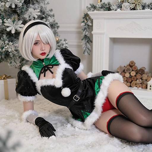 Festive Woman in Snowy Christmas Attire