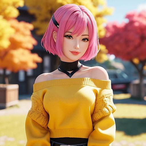 Digital anime-style portrait of a pink-haired girl with short bob, wearing a yellow off-shoulder sweater, black choker, and black skirt,