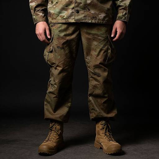 Photograph of a person's lower torso and legs in camouflage military uniform, green-brown pants, tan combat boots, standing against a dark background.