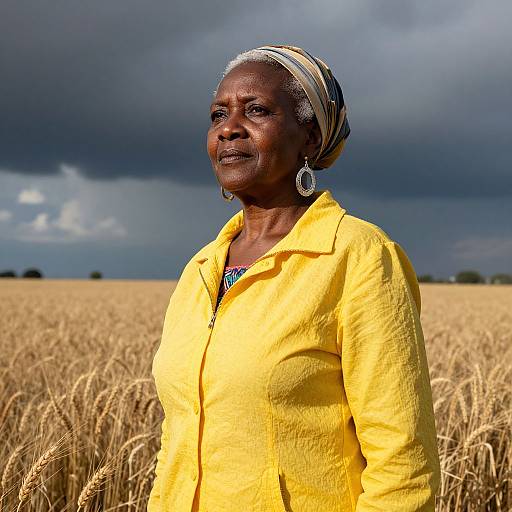 Photograph of an elderly African woman with dark skin, wearing a bright yellow jacket, white headscarf, and large earrings, standing in a golden