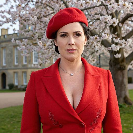 Photograph of a Caucasian woman with dark hair, wearing a vibrant red beret and coat with a deep V-neck, standing in front of a blo