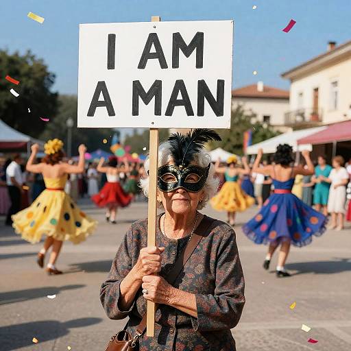 Elderly Woman Holding 'I AM A MAN' Sign at Carnival