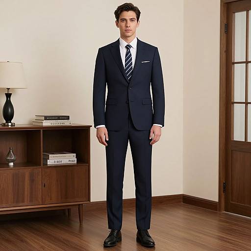 Photograph of a young man in a black suit with white shirt and striped tie, standing in a modern, wooden-floored room.