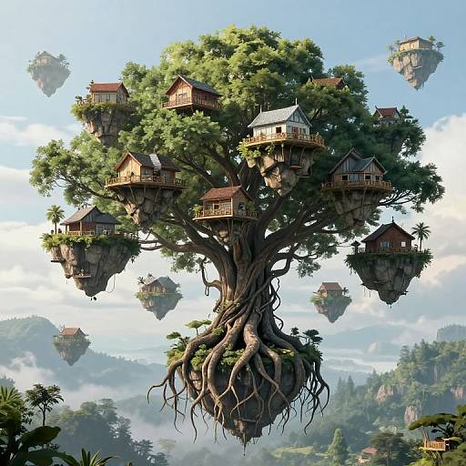 Digital artwork of a massive tree with intricately carved wooden houses on branches, floating above a misty mountainous landscape.