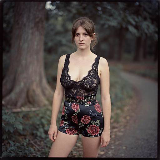 Photograph of a young woman with fair skin, brown hair, wearing a black lace tank top and floral black shorts, standing on a forest path with