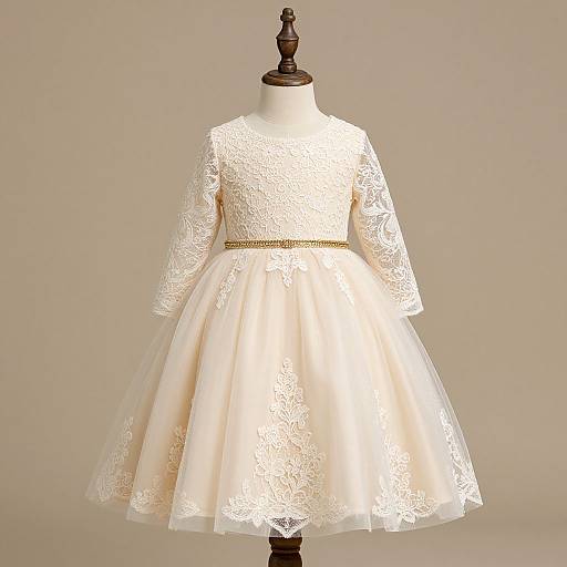 Photograph of an elegant, white lace long-sleeve toddler dress with a full skirt, gold waistband, displayed on a wooden dress form against